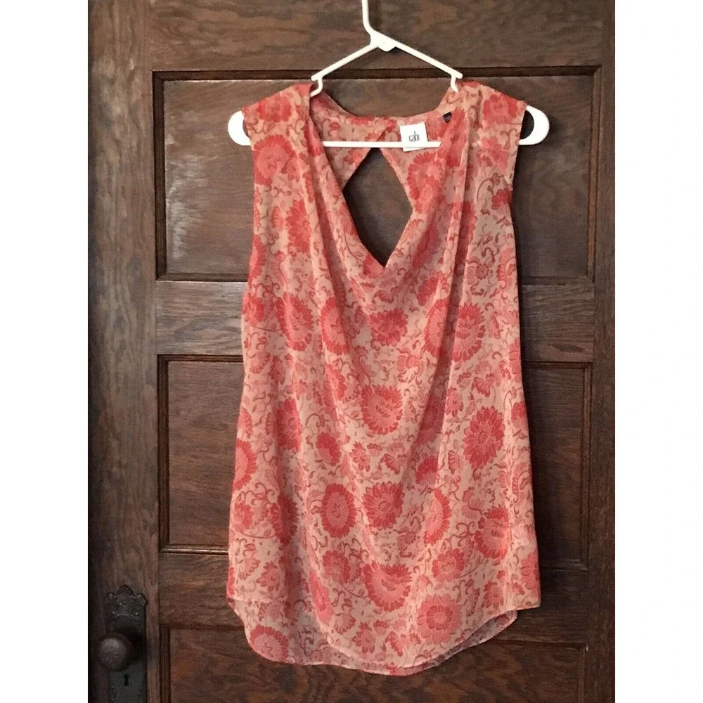 CAbi Vita Draped Open Back Pink Tan Floral Sheer Top Blouse 5037 Sz M - Picture 1 of 9